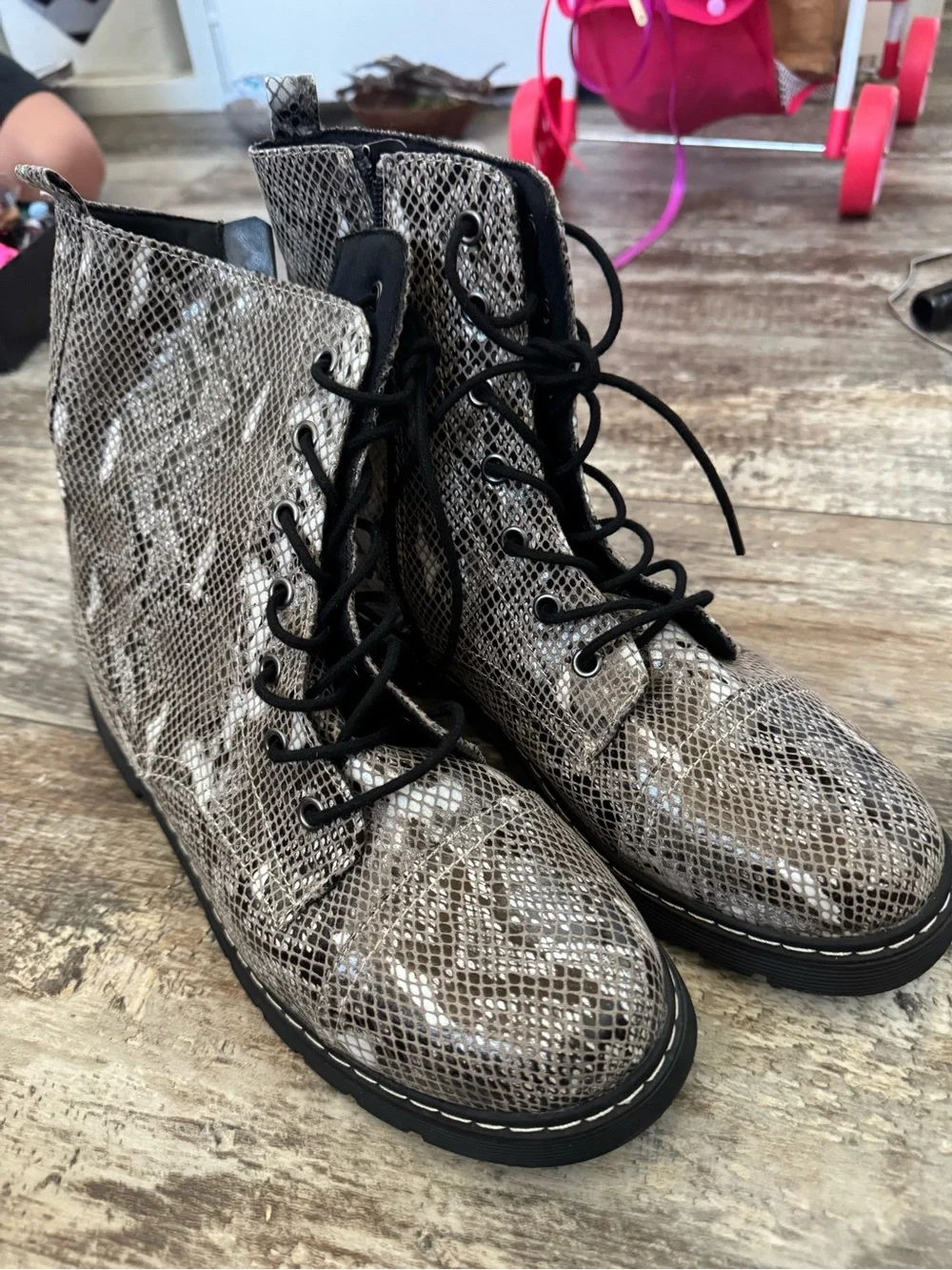 Born Snake-Print Lace-Up Ankle Booties in Gray and Black